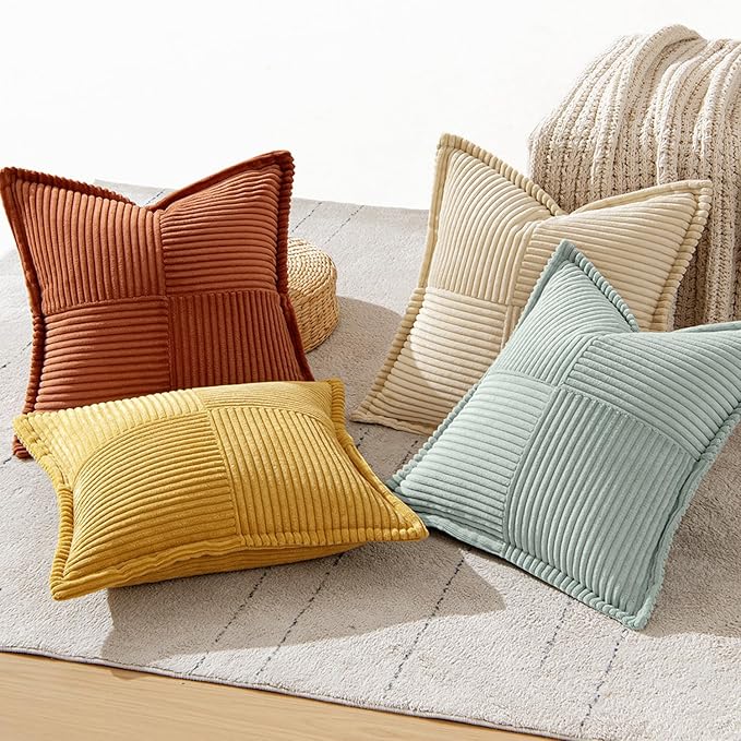 MIULEE Fall Teal-Orange Decorative Throw Pillow Covers 18x18 Inch 4 Packs Soft Boho Farmhouse Pillow Cases Modern Corduroy Patchwork Cushion Covers for Couch Sofa Bed with Flange Edge Home Decor