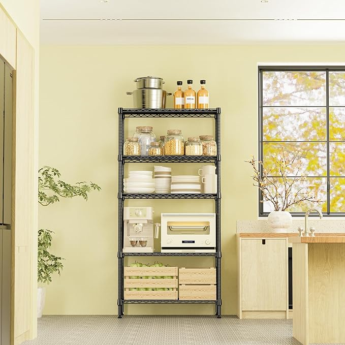 IZEUK 5 Tier Black Metal Storage Shelves, Heavy Duty Adjustable Wire Shelving Rack for Garage, Kitchen, Bathroom, Closet Organizer, 1250 lbs Capacity, 15.7" D x 33.5" W x 68.5" H