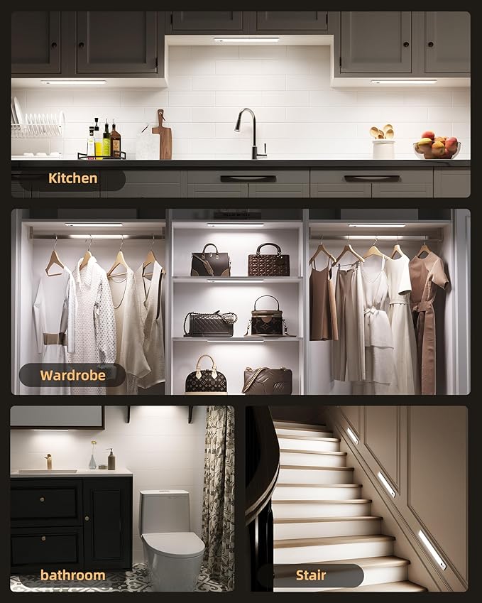EZVALO 3 Pack Under Cabinet Lighting, Rechargeable Motion Sensor Light, LED Closet Lights Wireless, 5700K Dimmable, Timer, Magnetic, with Remote Control for Kitchen, Closet, Stair