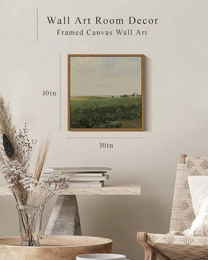 InSimSea Square Framed Canvas Wall Art, Farmhouse Vintage Grassland Painting Prints, Scenic Artwork for Living Room, Bedroom, Bathroom Decor, 10"x10"