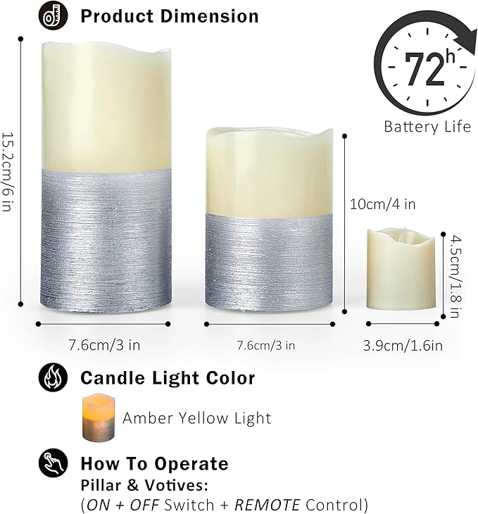 FURORA LIGHTING Silver Real Wax Trim Candles with Remote and Timer Pack of 8, LED Flameless Flickering Candles for Home Décor, Battery Included