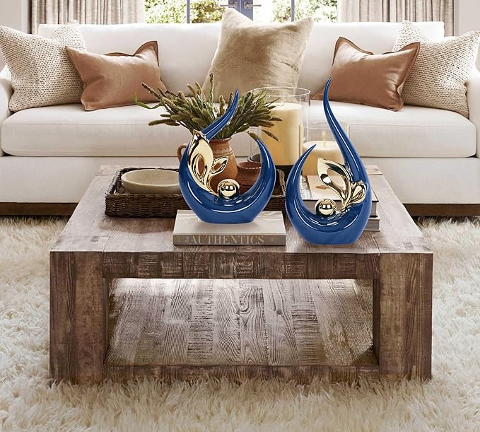 2 PCS Navy Blue and Gold Mid Century Modern Ceramic Statue Sculpture - Home Decor for Living Room, Kitchen, Coffee and Dining Table Centerpieces