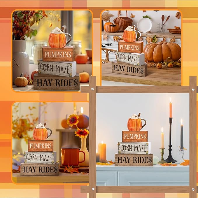 4 Pcs Fall Decorations for Home Fall Cream Cups Table Decor Thanksgiving Tiered Tray Decor Thanksgiving Centerpiece Rustic Cream Cups Block Sign Autumn Decorations for Home Kitchen Shelf
