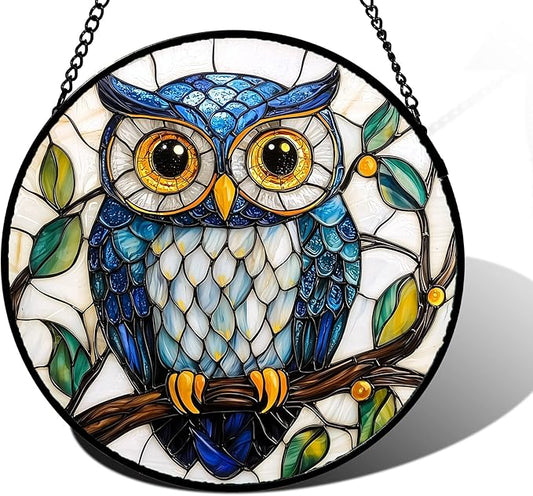 Stained Glass Window Hanging, Owl Gifts for Women Sun Catchers Diamond Glass Panel Hangings Birds Suncatcher Decor for Birthday for Women, Men, Wife, Aunt,and Mom 7.8X7.8IN