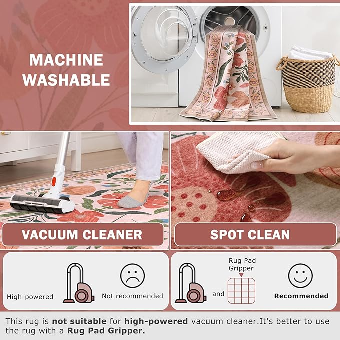 Beeiva Beige Area Rug 5x7, Soft Floral Room Rugs for Bedroom Non Slip, Ultra-Thin Low Pile Floor Flower Carpet for Classroom Nursery Girl Room Décor (Beige,5'x7')