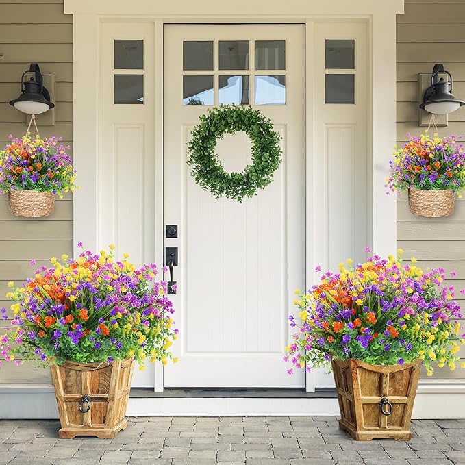 Sggvecsy Artificial Flowers for Outdoors 24 Bundles UV Resistant Boxwood Shrubs Artificial Eucalyptus Fake Plants Faux Plastic Greenery for Farmhouse Garden Home Indoor Outdoor Decoration（Mixed）