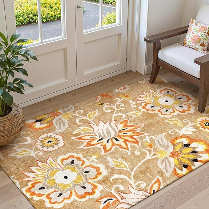 Lahome Floral Washable Living Room Carpet - 3x5 Throw Area Rug for Bedroom Non-Slip Lightweight Indoor Entryway Rugs, Tan Paisley Print Aesthetic Rug for Bathroom Laundry Dining Room Kithchen Office