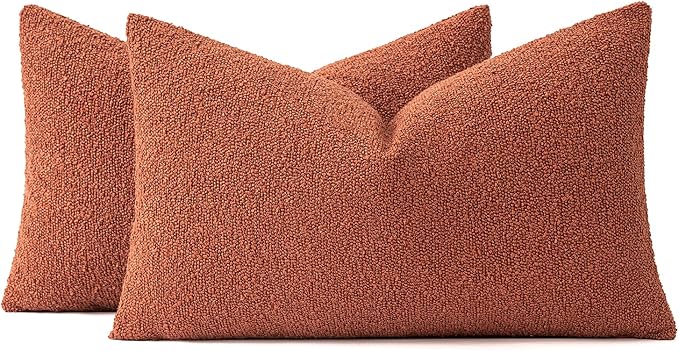 MIULEE Fall 12x20 Inch Decorative Lumbar Throw Pillows for Bed Set of 2 Textured Boucle Neutral Throw Pillow Covers Burnt Orange Accent Solid Pillowcase Cozy Soft Sofa Livingroom Home Decor