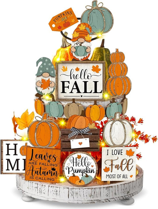 21 Pcs Fall Tiered Tray Decoration Set Thanksgiving Table Sign Pumpkins Farmhouse Decor Gnome Maple Leaves Centerpieces Harvest Wood Blocks Signs Fall Block Tabletop for Autumn(Pumpkin)