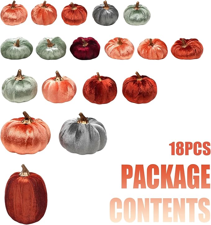 18 Pcs Velvet Pumpkins, Fake Assorted Velvet Pumpkins Harvest Festival Thanksgiving Halloween Decor, Autumn Table Centerpiece Decoration (Assorted Colors-Velvet)