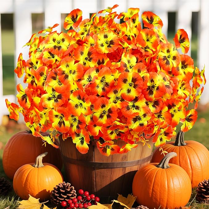 16 Bundles Artificial Fall Flowers for Outdoors, Realistic No Fade Fake Silk Flowers, Faux Fall Plants for Outside Planters, Porch, Patio, Garden Decor(Sunset)
