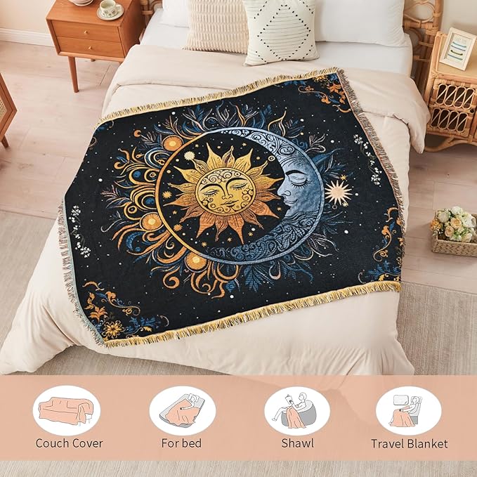 Boho Throw Blanket Reversible Cotton Bohemian Tapestry Hippie Room Decor Outdoor Blanket Double Sided (Black Sun Moon 50"x60")