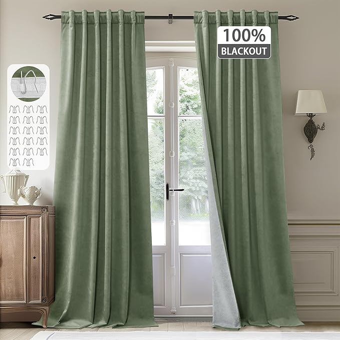 StangH Sage Green Velvet Curtains 108 inches Long, 100% Blackout Thermal Insulated Window Drapes Elegant Heavy Thick Home Decor Panels for Living Room, W52 x L108, 2 Panels