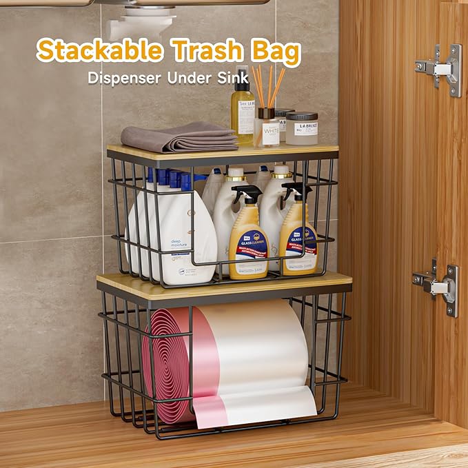 2 Pack Trash Bag Holder, Extra Large Garbage Bag Dispenser with Bamboo Top, Wall Mounted Stackable Trashbag Storage for Kitchen Laundry Room Under Sink Organization