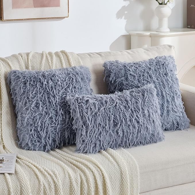 FUTEI Grey Blue Decorative Throw Pillow Covers 22x22 Inch Set of 2,Soft Fluffy Faux Feather Texture Cushion Cases,Modern Home Luxury Decor for Couch Bed Living Room