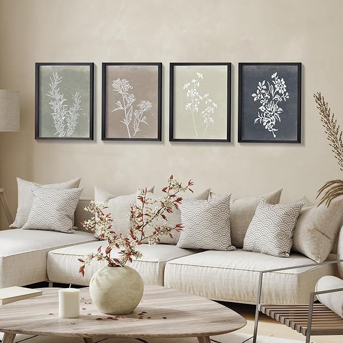 Heiple Framed Wall Art Set of 4 for Boho Home decor Botanical Print Wall Art for Rustic Vintage Farmhouse Wall Decor for Living Room (Black, 8"x10")