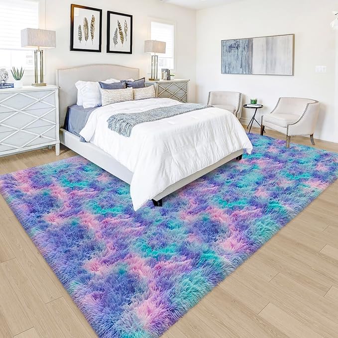 Tie-Dye Purple Rainbow Rug for Living Room 5x8ft Fluffy Modern Shag Area Rug Mat Bedside Throw Rug for Bedroom Kids Room Boys Teens Nursery Baby Dorm Office Home Decor Soft and Cozy Carpets