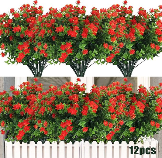 RECUTMS 12 Bundles Artificial Fake Flowers, Faux Outdoor Plastic Plants UV Resistant Shrubs Outside Indoor Decorations,UV Resistant Faux Plastic Plants Garden Porch Window Box (Orange Red)