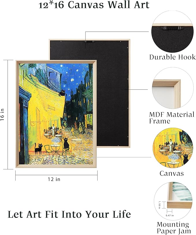 UPWOIGH 12"x16" Wood Framed Wall Art, Black Cats Canvas Wall Decor, Set of 3, Henri Matisse and Van Gogh Prints Poster, Funny Cute Animal Pictures for Living Room, Bathroom, Gifts