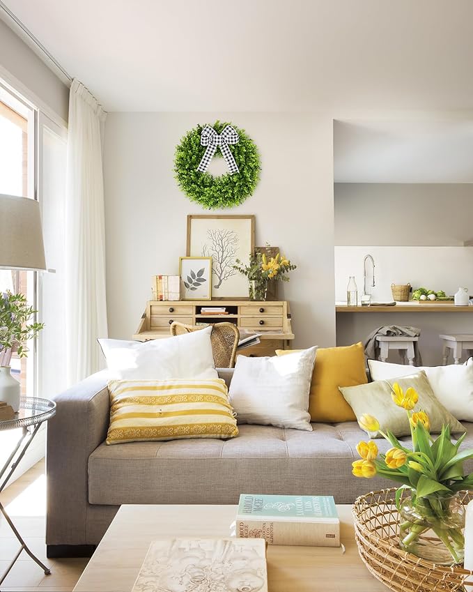 Vlorart 20-Inch Boxwood Wreath, Artificial Boxwood Wreath Front Door Wreaths Artificial Spring Summer Greenery Hanging with A Plaid Bowand Sash for Front Door Wall Hanging