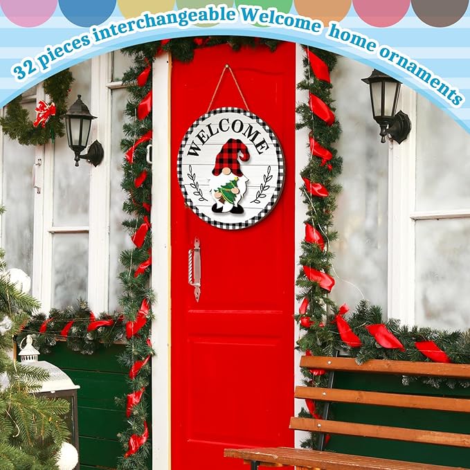 Qunclay Interchangeable Wooden Gnome Decor Holiday Seasonal Gnome Decorations with Magnet Pieces and Detachable Hats Changeable Welcome Sign for Home(Vivid Style)