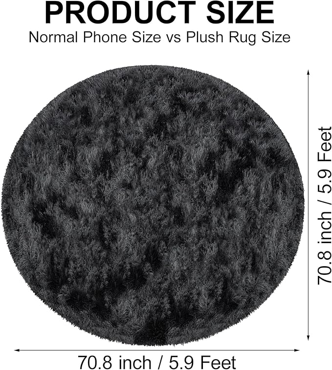 6x6 ft Tie Dye Black Round Rug for Bedroom Room Fluffy Circle Rug Furry Carpet Shaggy Circular Fuzzy Washable Non-Slip Large Area Rug Soft Indoor for Living Room Cute Aesthetic Home Decor