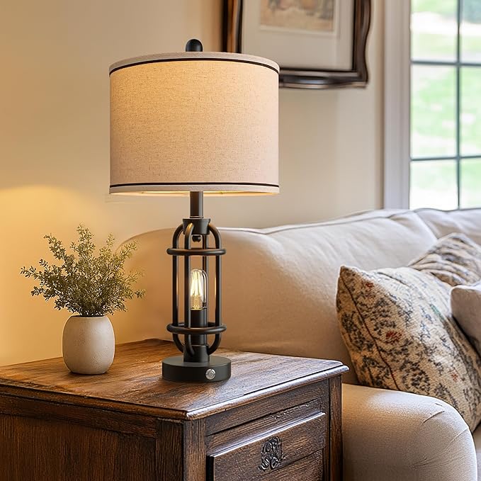 24'' Table Lamps for Living Room Bedroom Set of 2 Industrial Touch Lamp with USB A+C Ports, Night Light Farmhouse Vintage Nightstand Bedside Lamps for Night Stands Metal Black, Bulbs Included