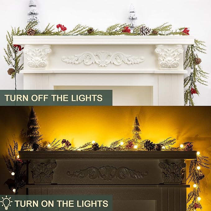 Christmas Garland with Lights, 6FT Artificial Red Berry Xmas Garland and Pine Cones, Battery Operated for Mantle, Front Door, Stairs Railing, Home Holiday, Indoor, Outdoor Decoration