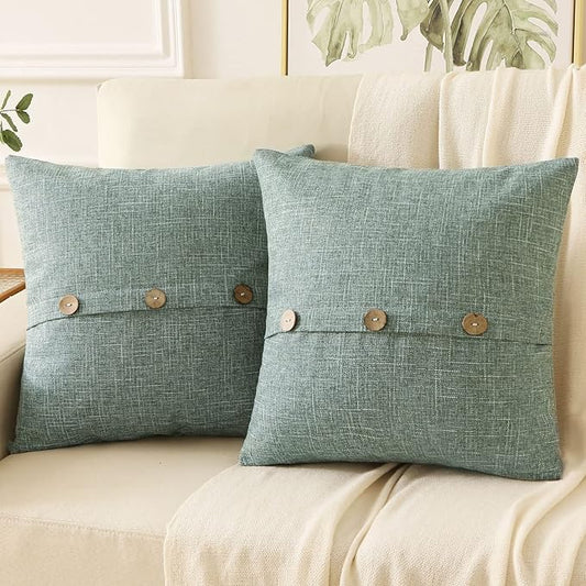 HAUSSY Sage Green Linen Decorative Throw Pillow Covers 20x20 Inch Set of 2,Square Cushion Case with 3 Vintage Buttons,Modern Farmhouse Home Decor for Couch,Bed