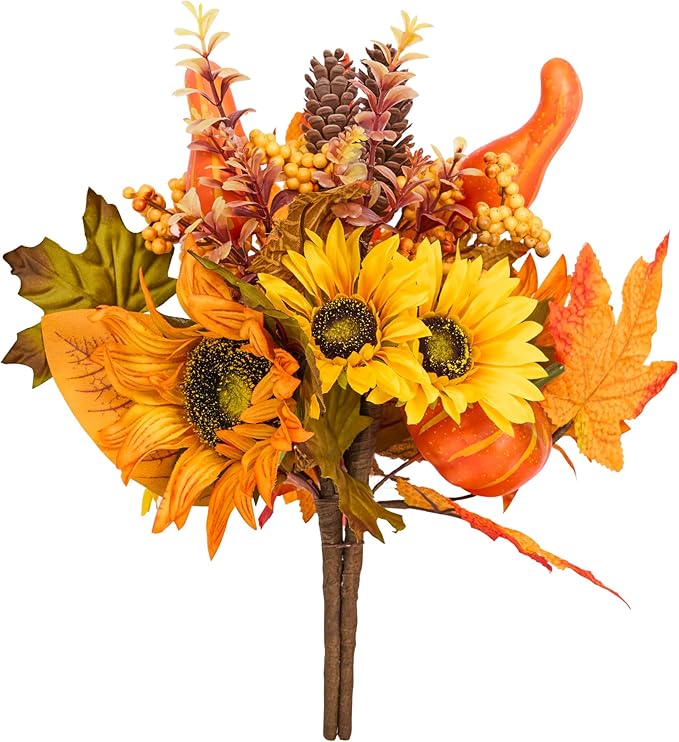 GENMOUS Fall Decor- 2Pcs Artificial Fall Flowers, Fall Picks Floral Arrangements Sunflower Pumpkin Autumn Decor Centerpieces Faux Flowers Maple Leaf Party Bridal Wedding Home Thanksgiving Decorations