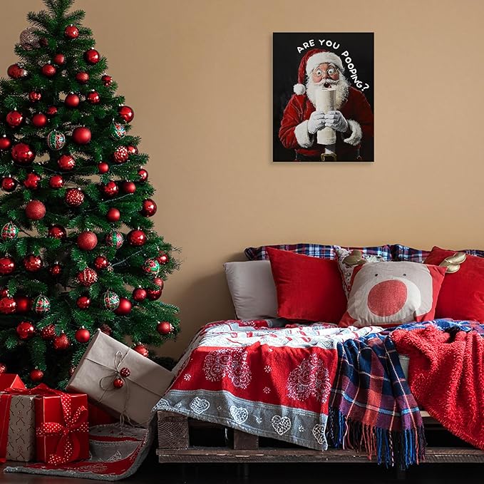 FITIE Black Christmas Santa Bathroom Canvas Wall Art Poster, Funny Are You Pooping Holiday Winter Christmas Framed Artwork Prints Wall Decor for Bathroom Washroom Restroom Toilet, 11x14 Inch