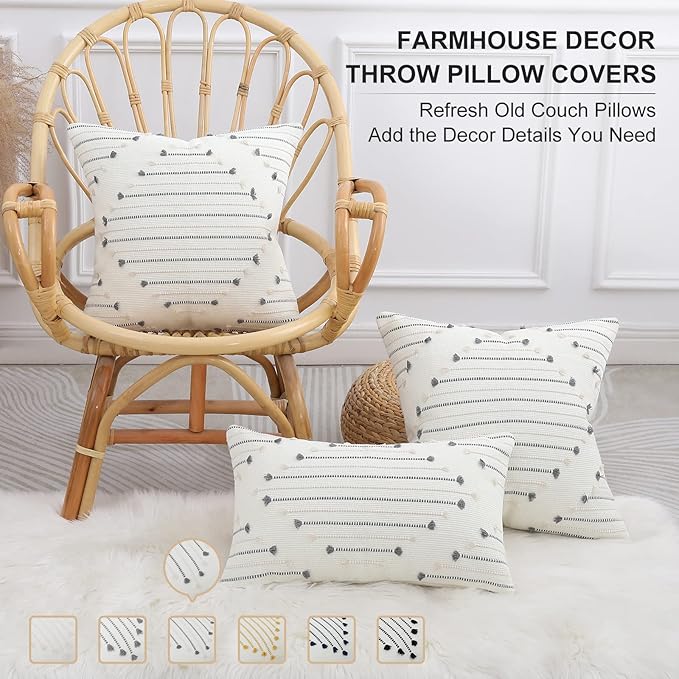 Mecatny Boho Outdoor Throw Pillow Covers 12X20 Set of 2, Farmhouse Lumbar Pillow Covers for Couch Sofa Living Room, Beige & Grey