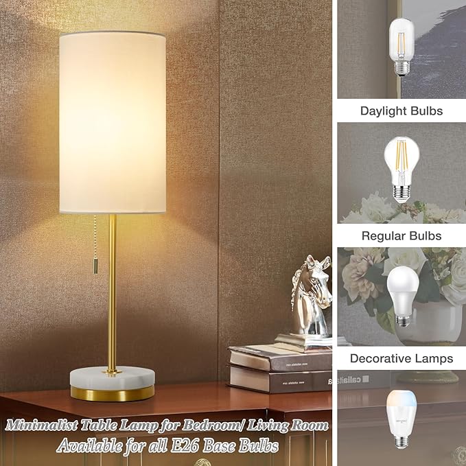 Desk Lamp & Table Lamp Set of 2, Bedside Lamps for Night Stands - Modern Small Table Lamps with Marble Base, Fabric Shade, Mini Pull Chain Bedroom Lamps for Living Room, Office, Reading (Gold)
