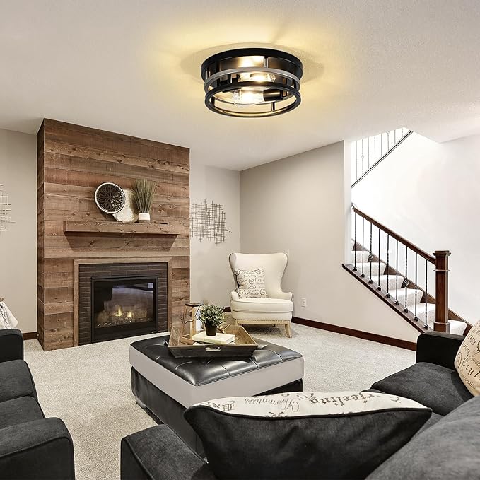 2 Light Industrial Ceiling Light Black Nickel Semi Flush Mount Lights Close to Ceiling Light Fixtures,cage design Farmhouse Ceiling Lighting for Kitchen Bedroom Bathroom Foyer Hallway (E26, 1Pack)