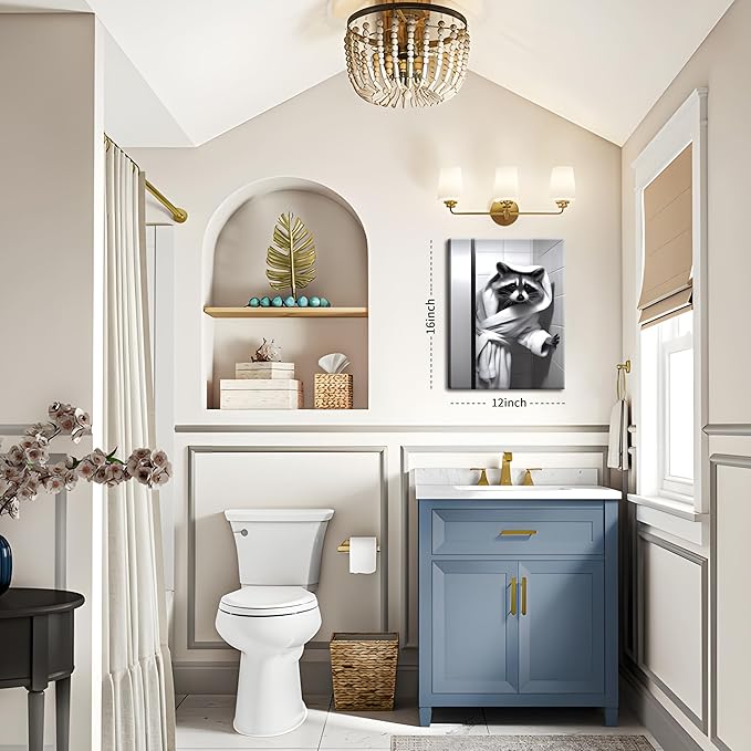 Funny Bathroom Wall Decor, Black and White Raccoon Canvas Wall Art, Humor Animal Decor Raccoon in a bathrobe Picture Prints for Restroom Bathroom 12x16 inch Framed