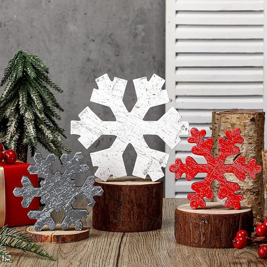 Bucherry 3 Pcs Winter Wooden Snowflake Decor Rustic Winter Snowflake Table Signs Wonderland Wood Blocks Farmhouse Christmas Tiered Tray Decorations for Xmas Table Shelf(Gray, Red, White)
