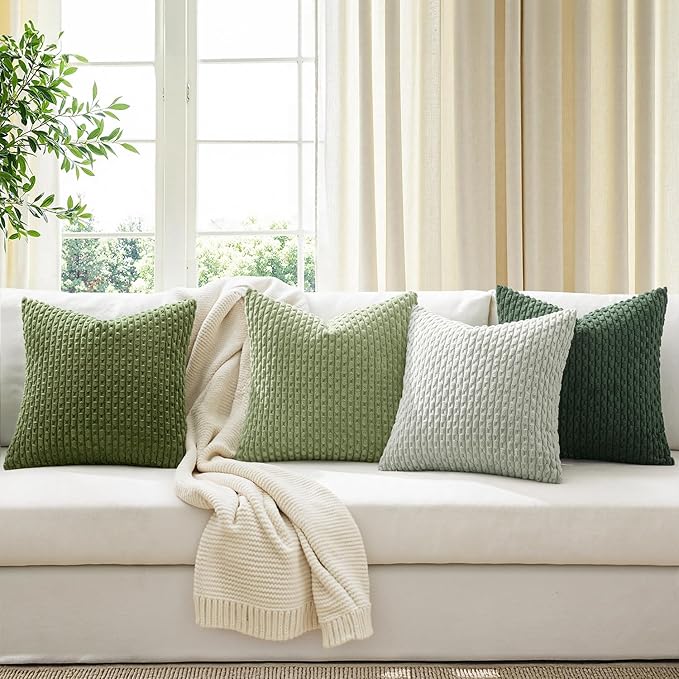 MIULEE Decorative Sage Green Christmas Throw Pillow Covers Soft Couch Set of 4 Boho Striped Cushion Covers Corduroy Pillowcases Farmhouse Home Decor for Couch Bed Sofa Room 20x20 Inch Forest Green