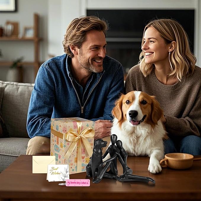 Sweet Couple & Dog Statue Cast Iron Sculpture Decor, Wedding Anniversary Love Gifts for Couple Women Men Wife Husband Her Him Girlfriend Boyfriend, for Wife Husband Birthday