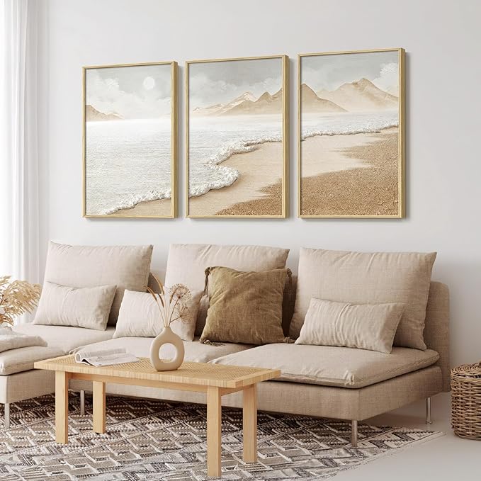 Framed Boho Abstract Beach Wall Art for Living Room, Large Neutral Coastal Canvas Prints Artwork for Walls, Set of 3 Piece Modern Minimalist Ocean Picture Print for Hallway Office Wall Decor, 24x36 In