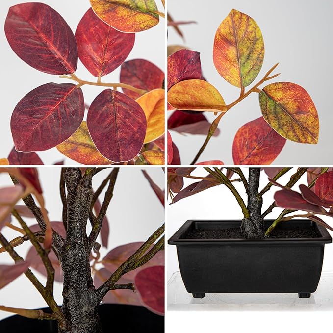 Briful 15.7" Fake Fall Bonsai Plant in Black Pot, Artificial Autumn Eucalyptus Plant with Red Orange Leaves Faux Plant Indoor for Home Office Room Shelf Table Centerpiece Thanksgiving Decor