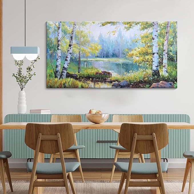 YCPRIMER Birch Tree Wall Art for Living Room Forest Wall Decor Green Trees Picture Lake Forest Landscape Painting Home Bedroom Decoration Green and White Artwork Decor Size 29×58Inch