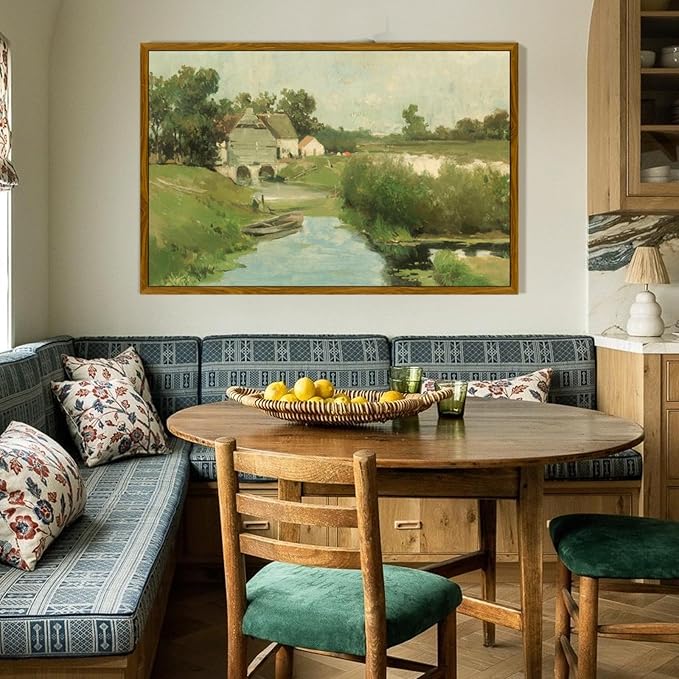 crmotu Framed Canvas Wall Art, Country Landscape Large Artwork, Riverside Rustic Farmhouse Vintage Art Prints, Retro Nature Scenery Pictures Wall Decor Living Room Bedroom Bathroom Office 24x36in