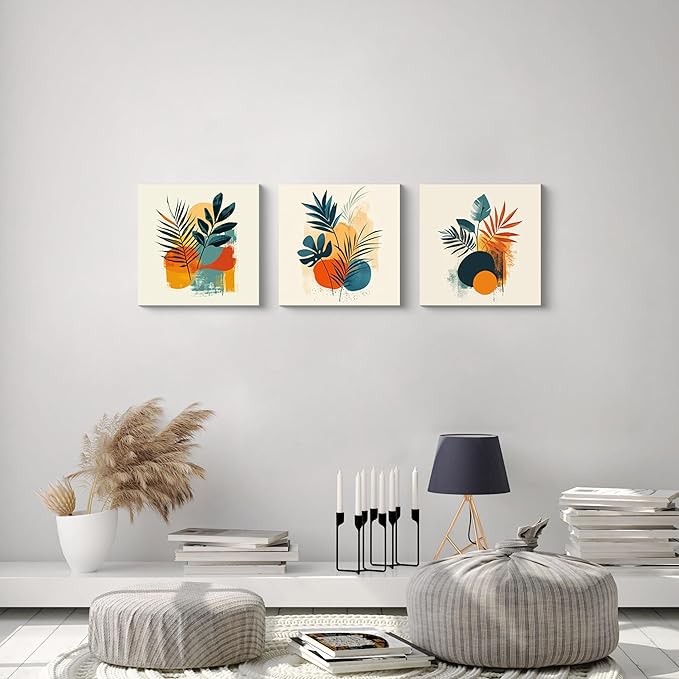 NAN Wind 3Pcs Tropical Leaf Wall Art Palm Frond and Foliage Canvas Print with Bold Orange Teal Yellow Shapes Mid-Century Modern Botanical Plant Pictures for Boho Living Room Bedroom Office Wall Decor