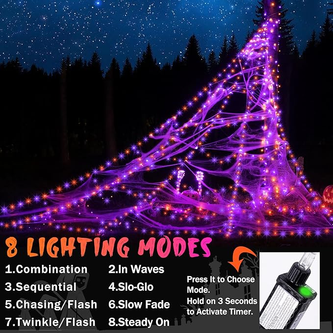 Halloween Spider Web Lights Decoration 455 LED Spider Webs Halloween Decorations Outdoor with 59" Large Spider & 3.53 oz Stretch Cobweb 16.4 Ft Light Up Giant Spider Web (Purple & Orange)