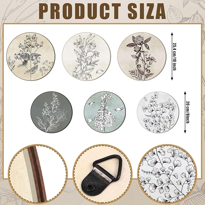 Barydat 6 Pieces Boho Plant Wall Art Decor Wooden Boho Farmhouse Rustic Bohemian Wall Hanging for Bedroom Living Room Office(Round,8 Inch, 10 Inch)