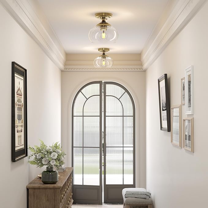 VONLUCE Industrial Semi Flush Mount Ceiling Light, 8.3" Ceiling Light Fixture with Clear Glass Shade, Farmhouse Lighting for Hallway Kitchen Bedroom Entryway, Brushed Gold Flush Mount Light Fixture