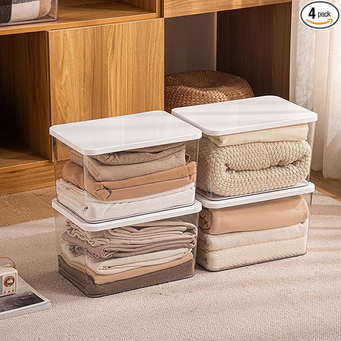 4-Piece Set,Plastic Storage Bin with Lid,Large Storage Containers,Stackable Lidded Storage Boxes for Cabinets, Clothes, Toys, Books (clear 4XL(with wihte lid))