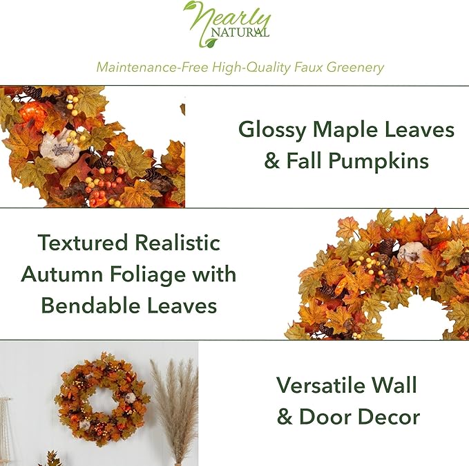 Nearly Natural 30in. Autumn Pumpkin and Maple Leaf Artificial Fall Wreath