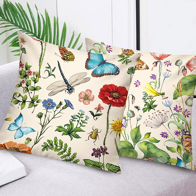 COMMINY Red Pink Flower Pillow Cover 18x18 Set of 6 Summer Throw Pillow Covers Colorful Floral Cushion Covers for Couch Sofa Living Room Home Decor