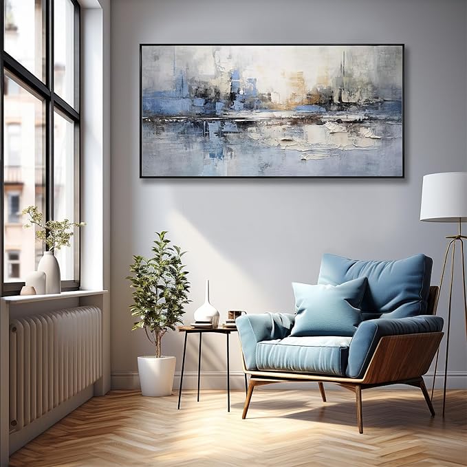 Abstract Wall Art Blue and White Reflection Large Size Framed Artwork Wall Decor Canvas Painting Stretched Canvas Wooden for Living Room Bedroom Office Home Decor Frame ready for hanging 30"x60"